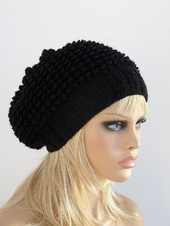 Women Knit Berets Black Womens knit winter hats Slouchy hat