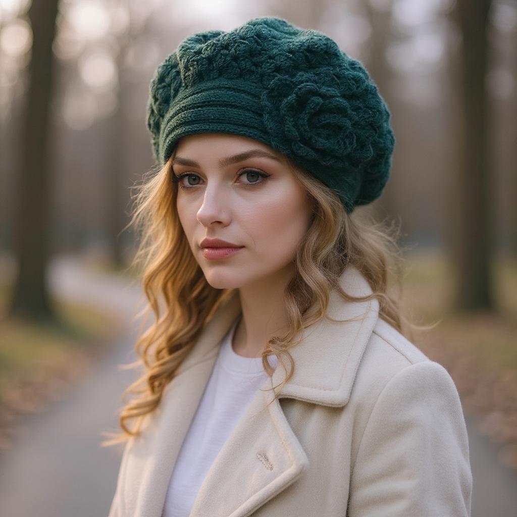 Green Knit Beret Flower Beret for Women Crochet Slouchy Hat  display picture 1