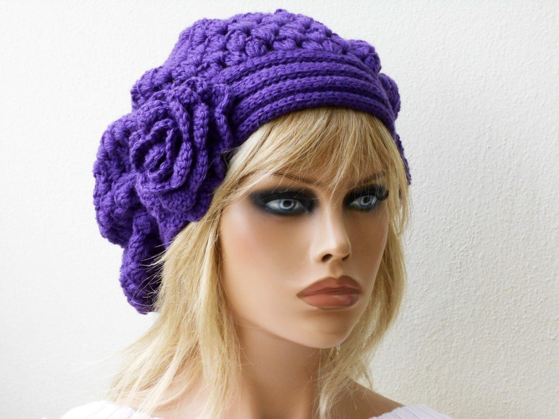 Purple crochet beret Womens knit hat with flower Oversized beret Alpaca wool boho hat Cozy gifts for women image 2