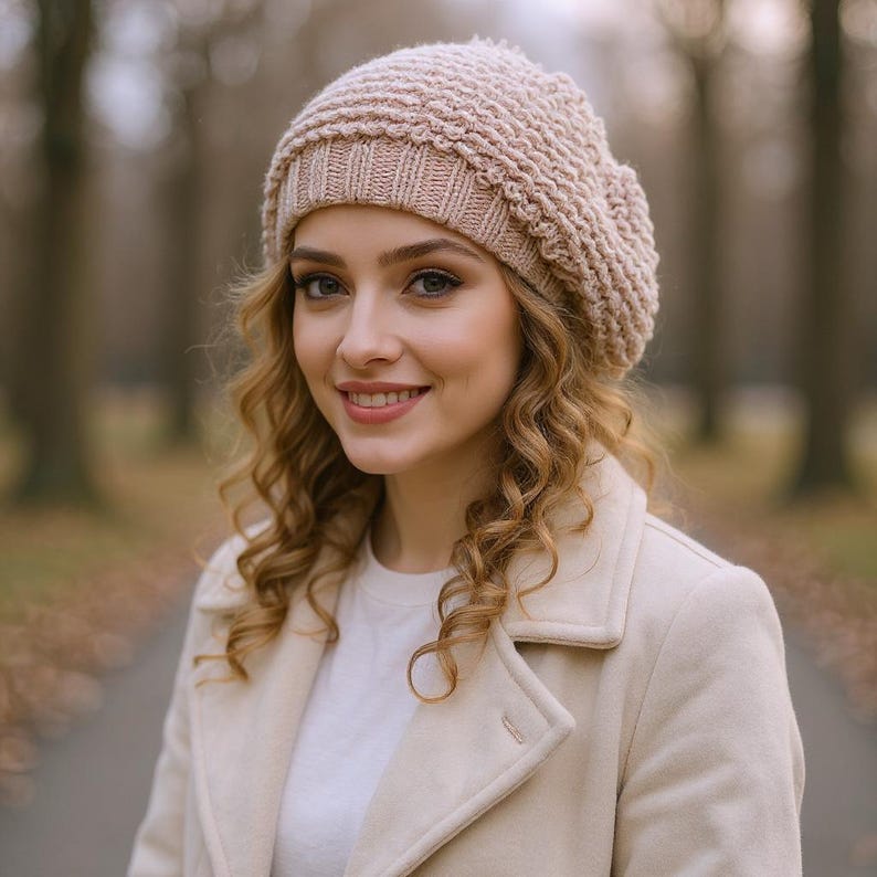 Beige knit beret Slouchy beanie women Alpaca wool beret image 6