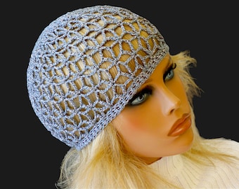 Silver sparkle hat Mesh beanie Crochet summer hat Juliet hat