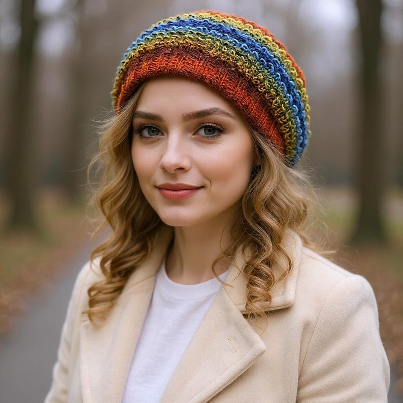 May include: A colorful knitted beret in shades of red, orange, yellow, green, and blue. The hat is worn by a person with blonde curly hair, a white shirt, and a beige coat. The background is a blurred outdoor scene.