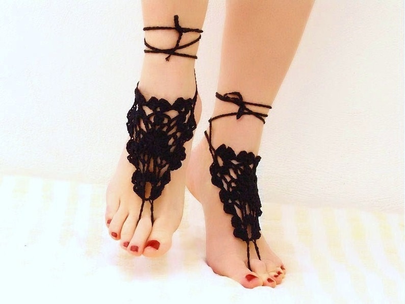 Black crochet lace barefoot sandals Belly dance barefoot Footless sandals 