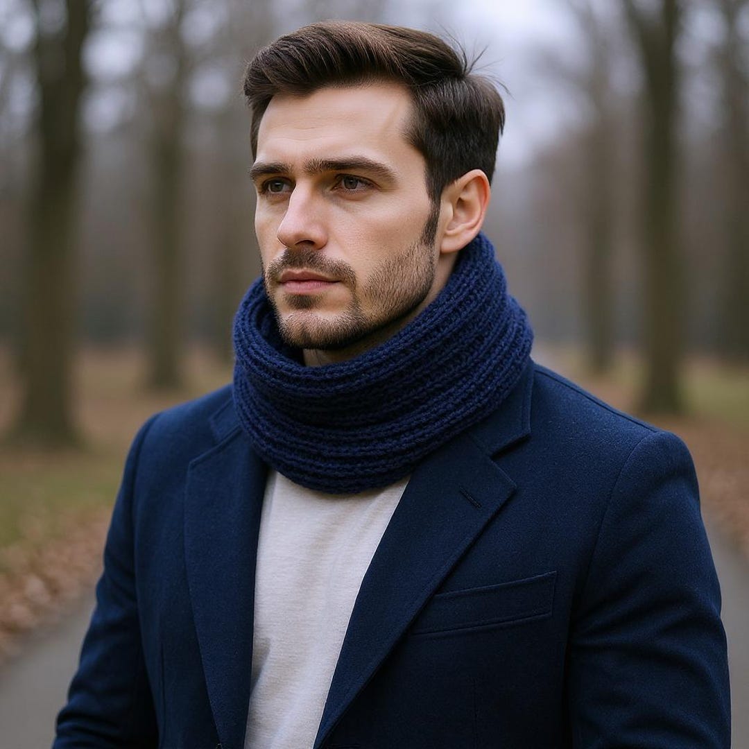 Infinity Wool Scarf Men Alpaca Knit Neck Warmer Navy Blue