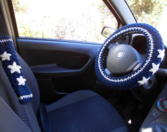 Seatbelt cover Steering wheel cover Car decor for teens Navy Blue stars embroidered car wheel cover