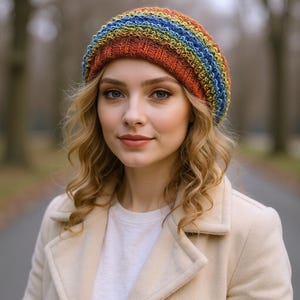 knit beret women, Rainbow knit hat, colorful knit hat, oversized beret, slouchy beanie women, beret for women, crochet slouch hat, knit handmade hat, vegan friendly beret, wife Christmas gift, daughter slouchy hat, cute acrylic beanie, multicolor beret