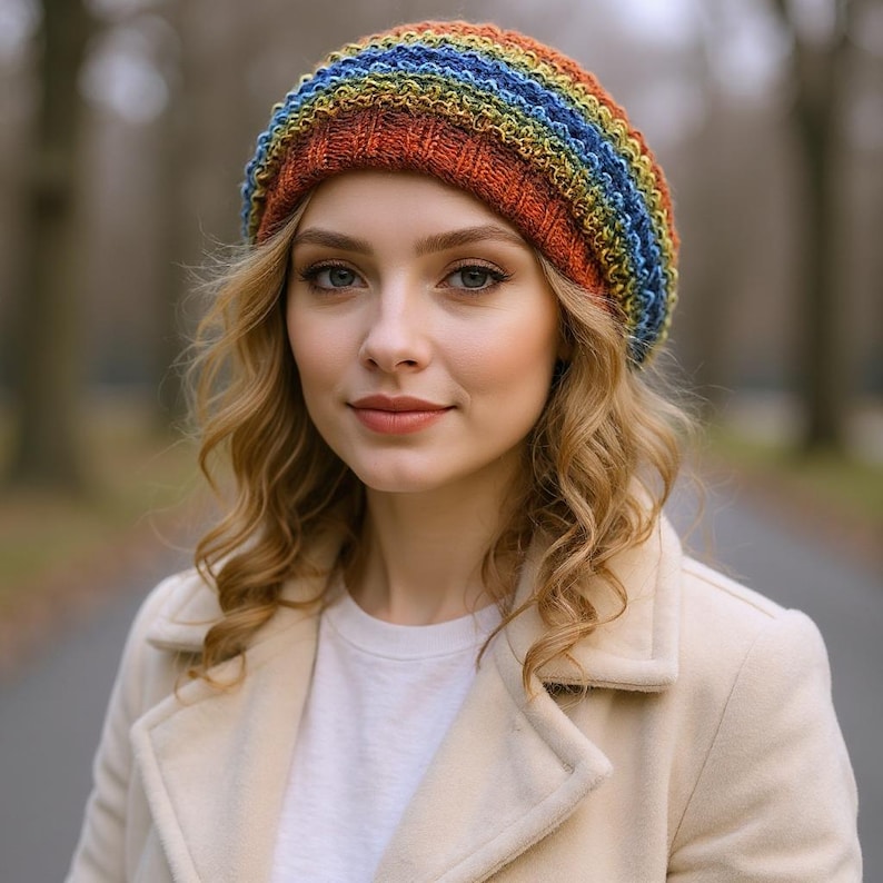 knit beret women, Rainbow knit hat, colorful knit hat, oversized beret, slouchy beanie women, beret for women, crochet slouch hat, knit handmade hat, vegan friendly beret, wife Christmas gift, daughter slouchy hat, cute acrylic beanie, multicolor beret