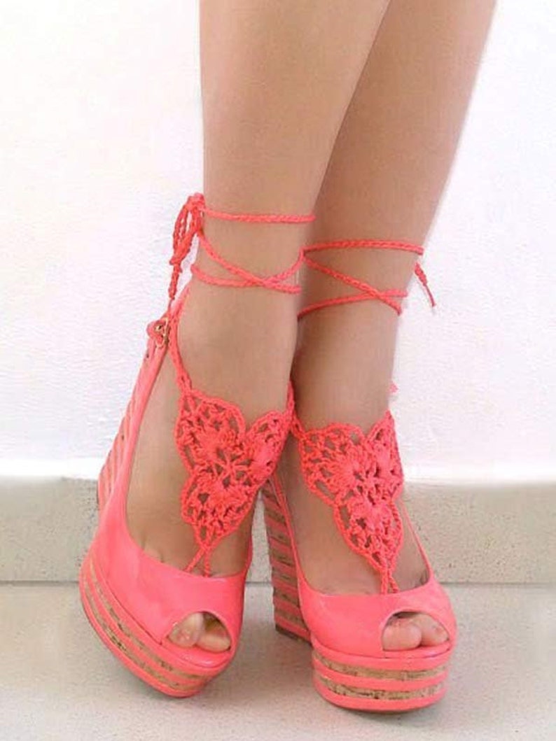 Peach Coral barefoot sandals Crochet footless sandals Sexy foot jewelry Lace barefoot Bottomless sandals wedding Foot fetish jewelry image 1