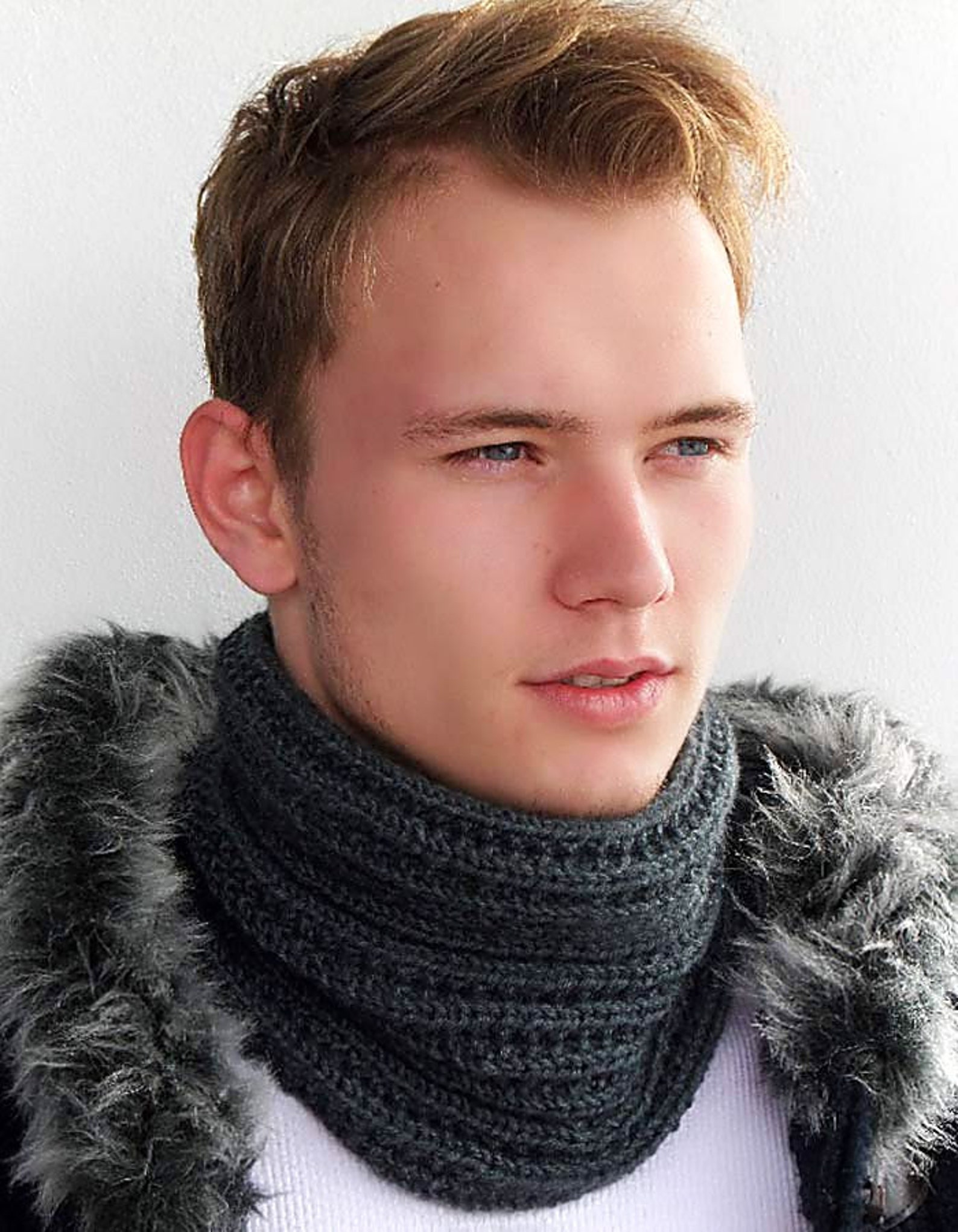 Mens Infinity Scarf Knit Gray Snood Chunky Scarf Crochet Scarf - Etsy