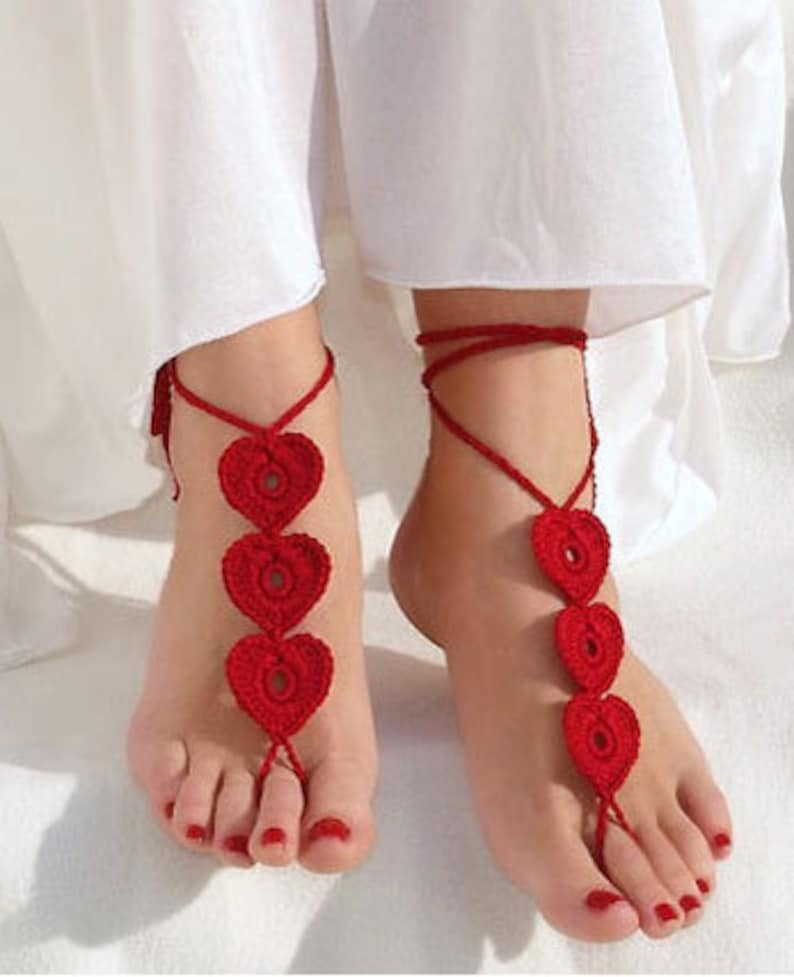 Valentines day gift Red heart barefoot sandals Crochet foot jewelry image 3