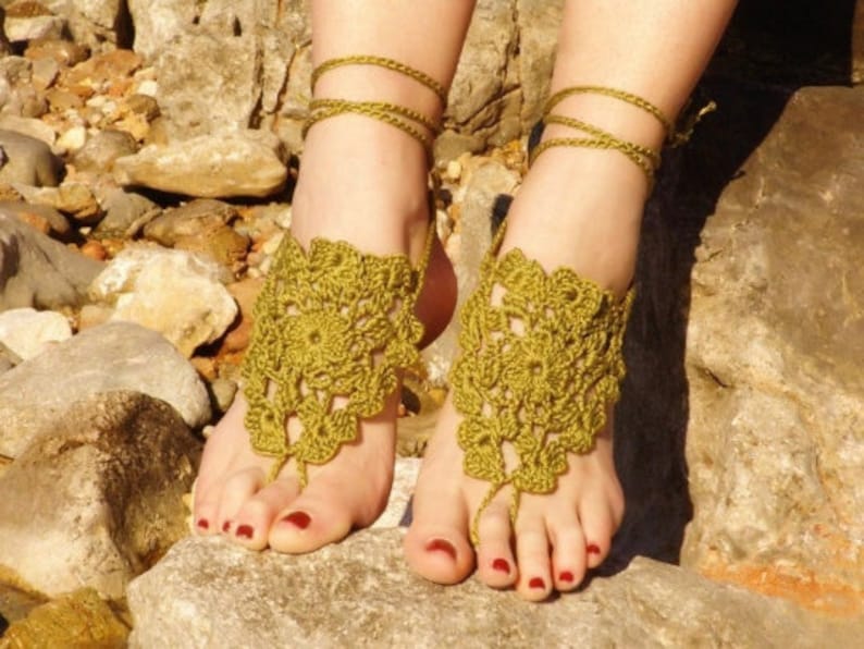 Olive Green crochet barefoot sandals Crochet anklet Wedding barefoot Boho barefoot Beach wedding sandals Footless sandals Bottomless sandals image 7