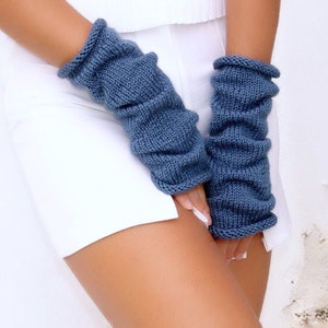 Coquette Ribbon Knitted Arm Warmers White Blue