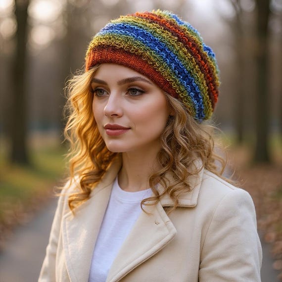 Oversized Knit Beret – Handmade Acrylic Beanie, Colorful Slouchy Hat for Women