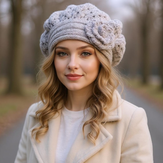 Cute hat with flower Crochet beret Knit beret for women Gift for her