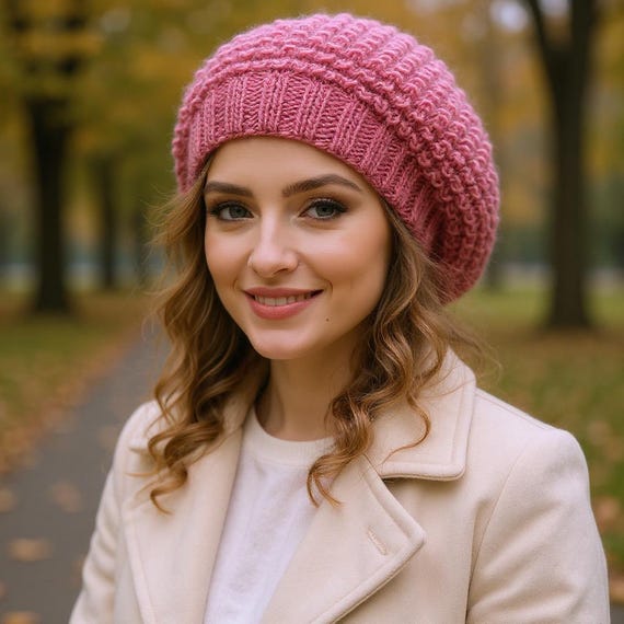 Stylish Fun Knit Beret Cap Hat Pink One Size Unisex Lightweight Unisex Cotton Slouchy Knit Beret Hat Hot Pink  main image 2