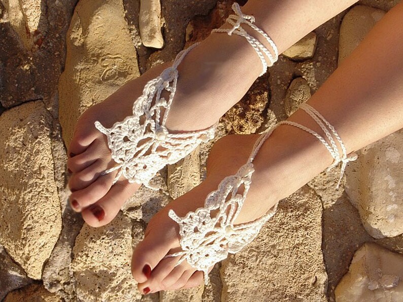 Cream butterfly barefoot sandals Bottomless sandals wedding 21st birthday gift for her Boho barefoot Bottomless sandals wedding Foot jewelry image 2