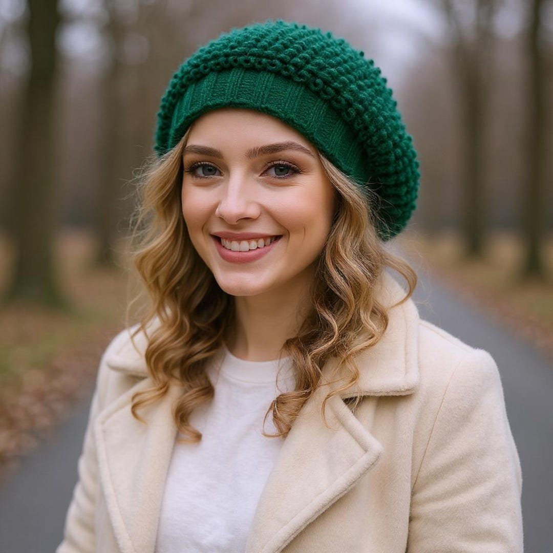 Green Beret Handmade Alpaca Hat Hand Knit Beret Gift for Her  display picture 2