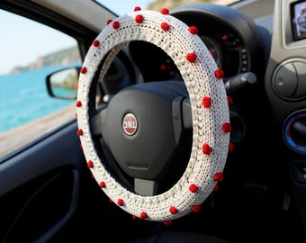 Steering wheel cover Crochet car decor Women driver gift Teen car accessories Polka dot Steering wheel decor