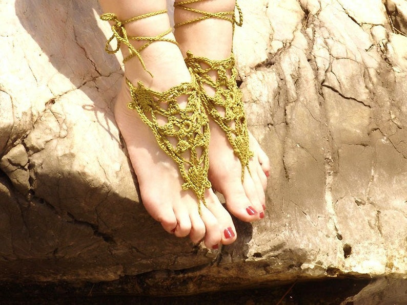 Olive Green crochet barefoot sandals Crochet anklet Wedding barefoot Boho barefoot Beach wedding sandals Footless sandals Bottomless sandals image 1