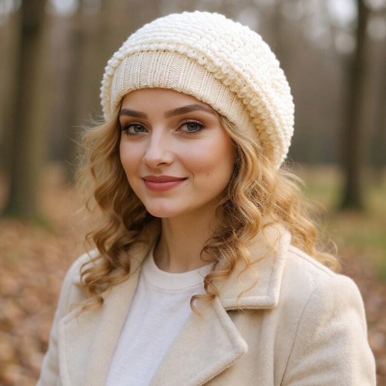 Beige knit beret Slouchy beanie women Alpaca wool beret image 5