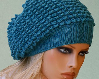 Teal Knit beret for women - Handknit wool hat
