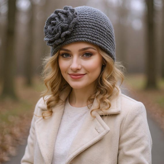 ALPACA Wool Bucket Hat Soft Fuzzy Warm Gray White Blend with Flower Alpaca Wool Blend Knitted Bucket Hat - Winter Soft Hat - Etsy main image 2