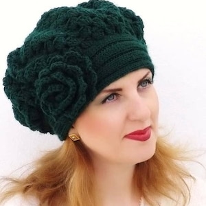Purple crochet beret Womens knit hat with flower Oversized beret Alpaca wool boho hat Cozy gifts for women image 7