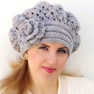 Purple crochet beret Womens knit hat with flower Oversized beret Alpaca wool boho hat Cozy gifts for women image 3
