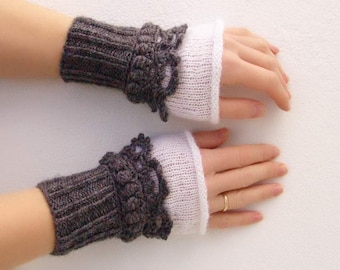 Gray texting gloves Half finger gloves Alpaca wool mittens Knit hand cuffs Crochet arm cuffs