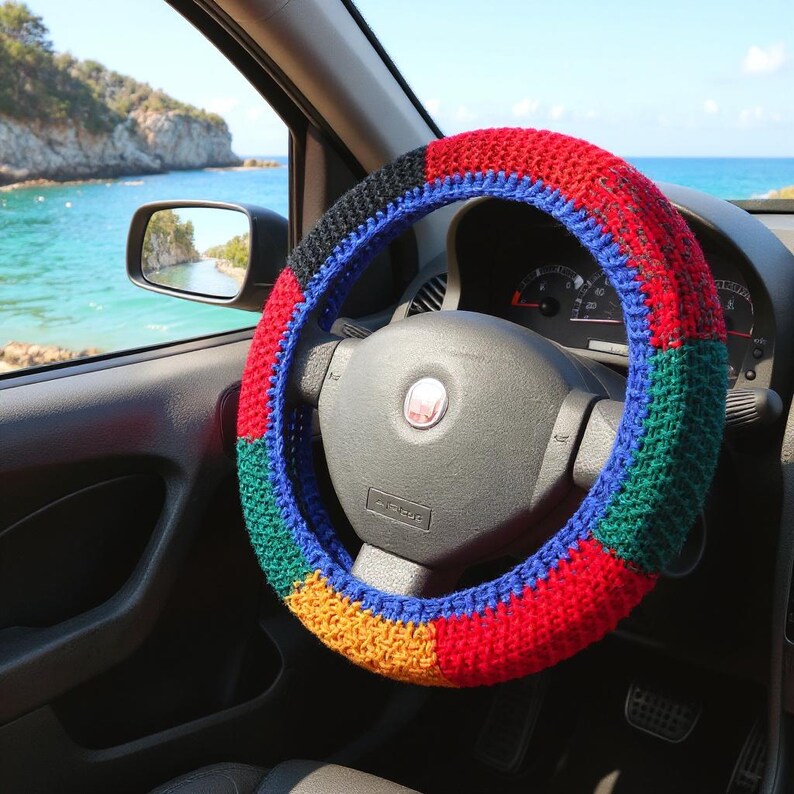 Steering wheel cover Car guy gift Car accessories for teens Colorful car decor Crochet steering wheel image 9