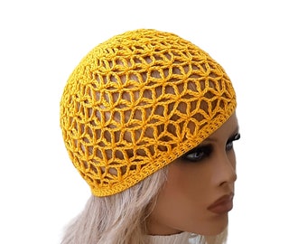 Yellow crochet hat Teen girl hat Summer beanie Handmade mesh hat