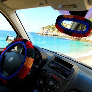 Cute car accessories Car mirror decor Steering wheel cover Designer inspired Music lover gift Car interior decor Crochet seat belt cover