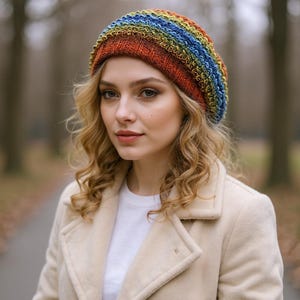 May include: A colorful knitted hat with a rainbow design. The hat features a mix of warm colors like red and orange, transitioning to cooler tones of blue and green. The hat is worn by a person wearing a cream-colored coat.