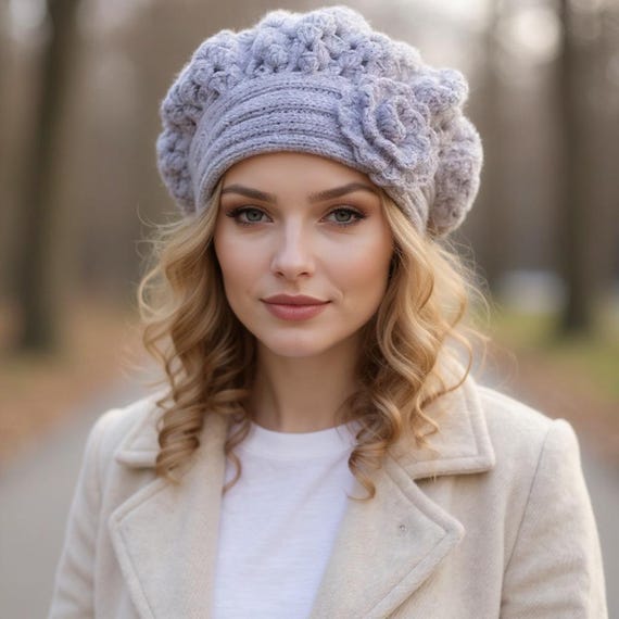 Gray Beret for Women Knit Hat With Flower Oversized Beret  display picture 3
