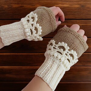 Knit hand cuffs Cream half finger gloves Handmade gloves Texting gloves Angora fingerless mittens Boho gloves T