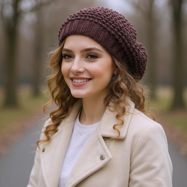 Knit beret Womens oversized hat Crochet hat Beret for women Chemo beanie Slouchy hat Alpaca gifts Cream beret Unique knit hat Beret hat image 5
