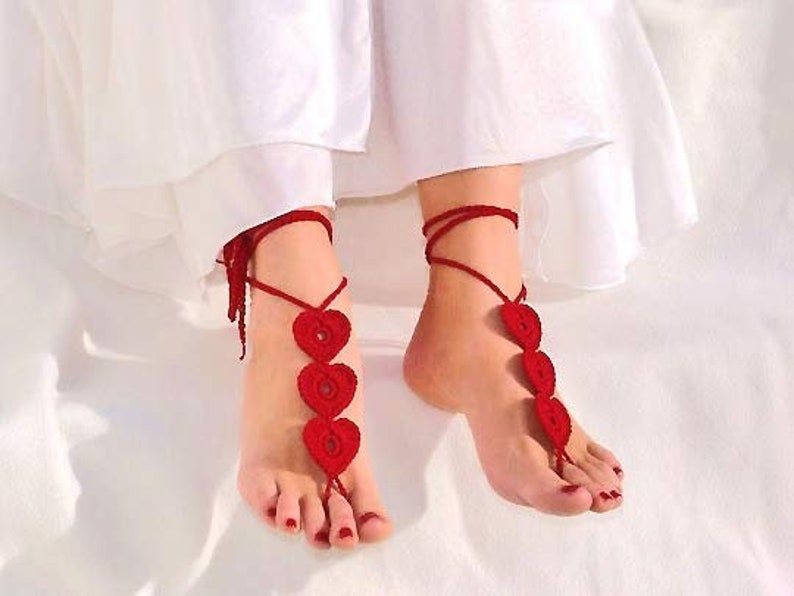 Valentines day gift Red heart barefoot sandals Crochet foot jewelry image 2