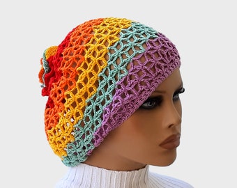 Slouchy beanie Chemo hat Flower beret Summer slouchy hat Knit colorful beanie