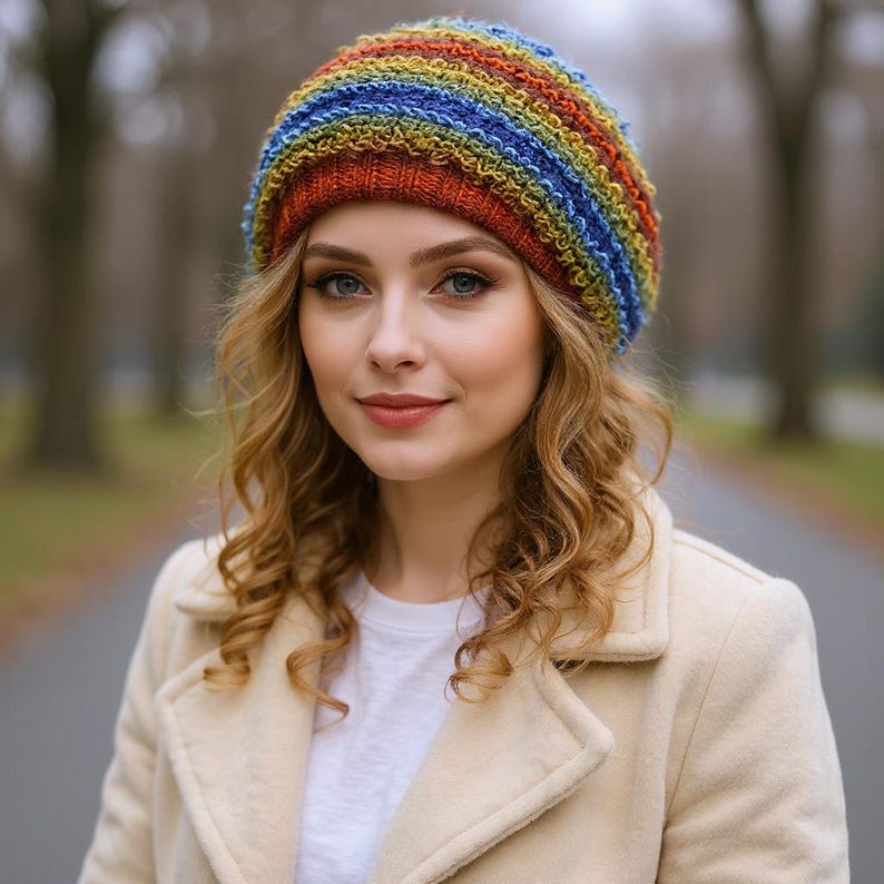 knit beret women, Rainbow knit hat, colorful knit hat, oversized beret, slouchy beanie women, beret for women, crochet slouch hat, knit handmade hat, vegan friendly beret, wife Christmas gift, daughter slouchy hat, cute acrylic beanie, multicolor beret
