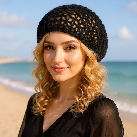 帽子 PERVERZE Crochet Knit Hat / Black Black Slouchy Hat Crochet Summer Beret Hair Net Mesh Crochet Hat