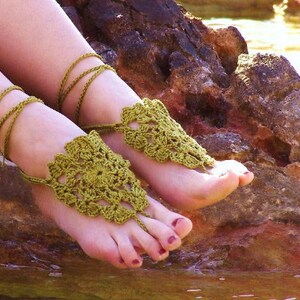 Olive Green crochet barefoot sandals Crochet anklet Wedding barefoot Boho barefoot Beach wedding sandals Footless sandals Bottomless sandals image 6