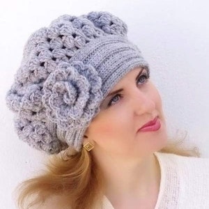 Purple crochet beret Womens knit hat with flower Oversized beret Alpaca wool boho hat Cozy gifts for women image 4