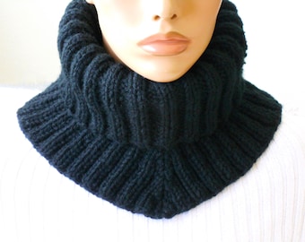 Wool neck gaiter Black mens scarf Knitted neck warmer Cozy gift for him Crochet snood