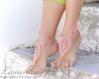 Coral lace barefoot sandals Wedding barefoot Peach footless sandals