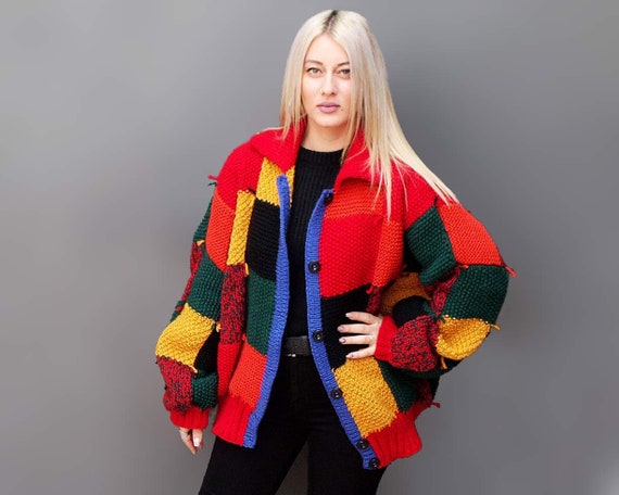 Handmade Patchwork Cardigan Harry Styles Inspired Oversized Cardigan Chunky Knit Sweater Harry Styles Merch Rainbow Cardigan Chunky Cardigan