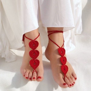 Valentines day gift Red heart barefoot sandals Crochet foot jewelry image 4