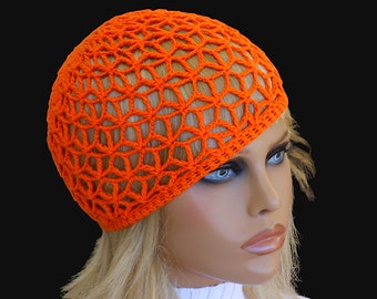 Orange lace hat  Skull cap Crochet beanie Boho beach hat