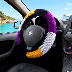 Nonbinary Pride Steering Wheel Cover – Crochet Car Accessory | Handmade Car Interior Decor | Unique Nonbinary Gift for Drivers