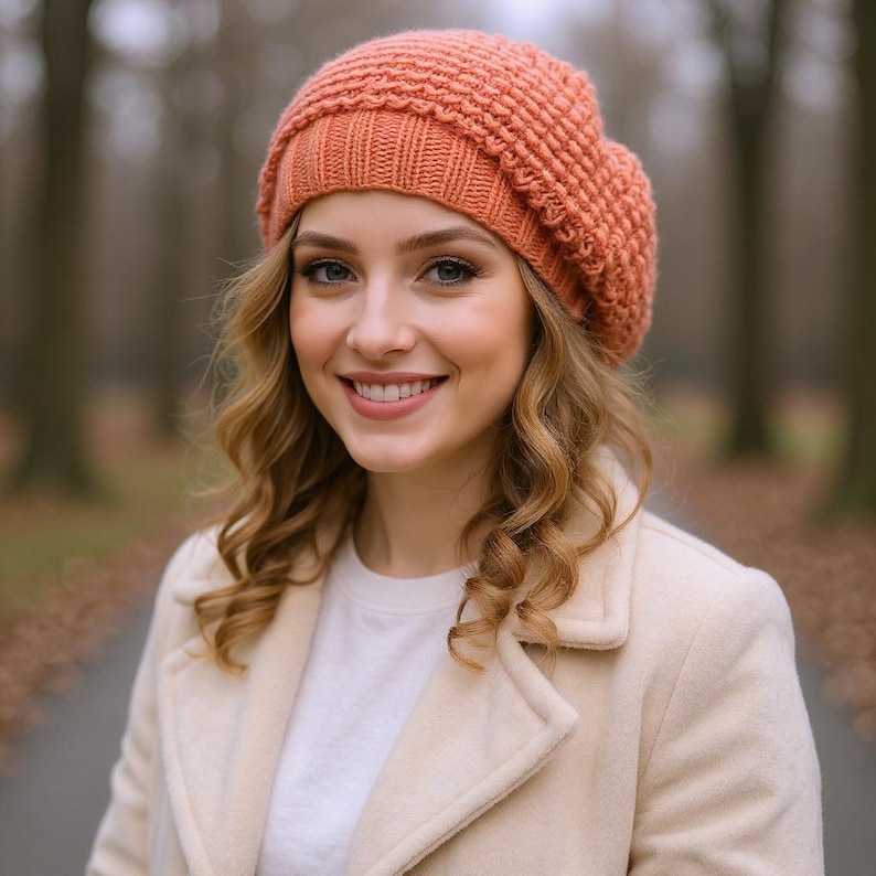 Knit beret Womens oversized hat Crochet hat Beret for women Chemo beanie Slouchy hat Alpaca gifts Cream beret Unique knit hat Beret hat image 2