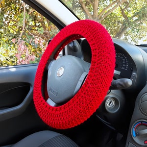 Crochet steering wheel cover for women Car decor for teens Seat belt cover Red car wheel cover